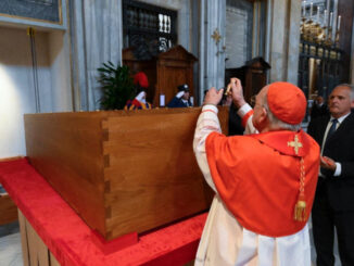 This photo taken and handout on April 26 2025 by The Vatican Media shows the rite of the burial of
